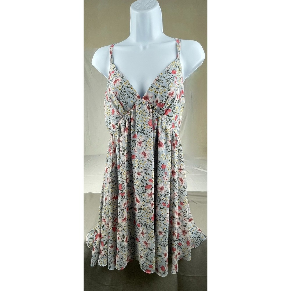 LULUS FLORAL DRESS WOMENS SMALL BLUE FLOWERS FIT FLARE SKATER MINI CRISS CROSS B